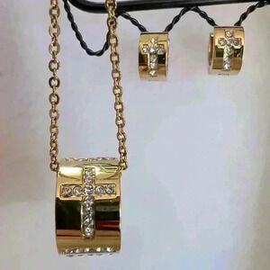 Macy’s Gold & Diamond Cross Earrings & Necklace Set